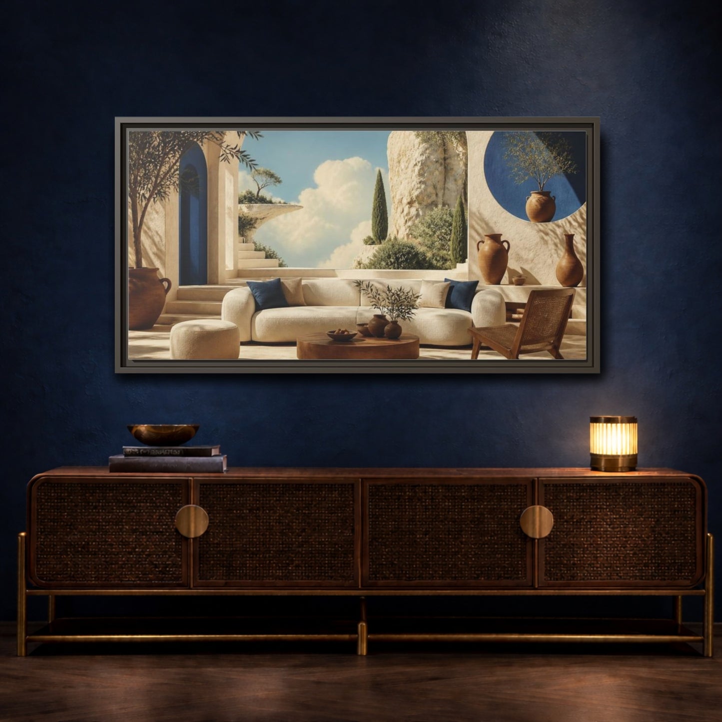 Mockup 4. Living Room Sunlit Courtyard shown as framed canvas print