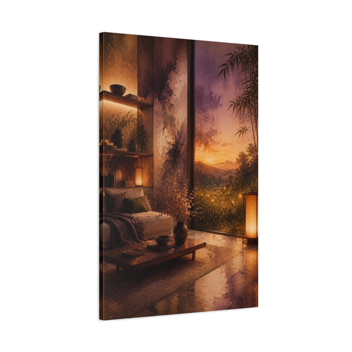 Main Mockup. Living Room Sunset Meadow shown as canvas print