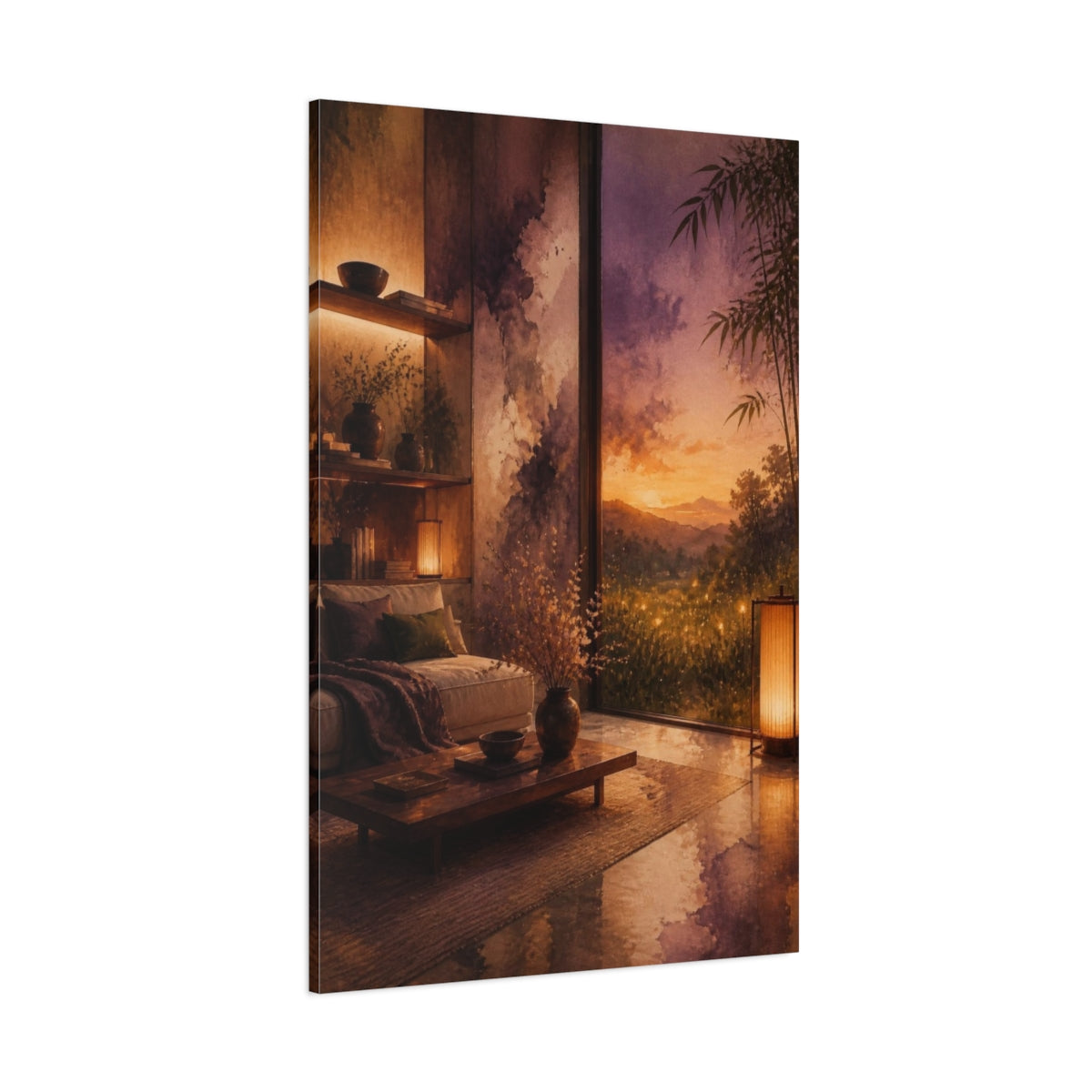Side Mockup 1. Living Room Sunset Meadow shown as canvas print