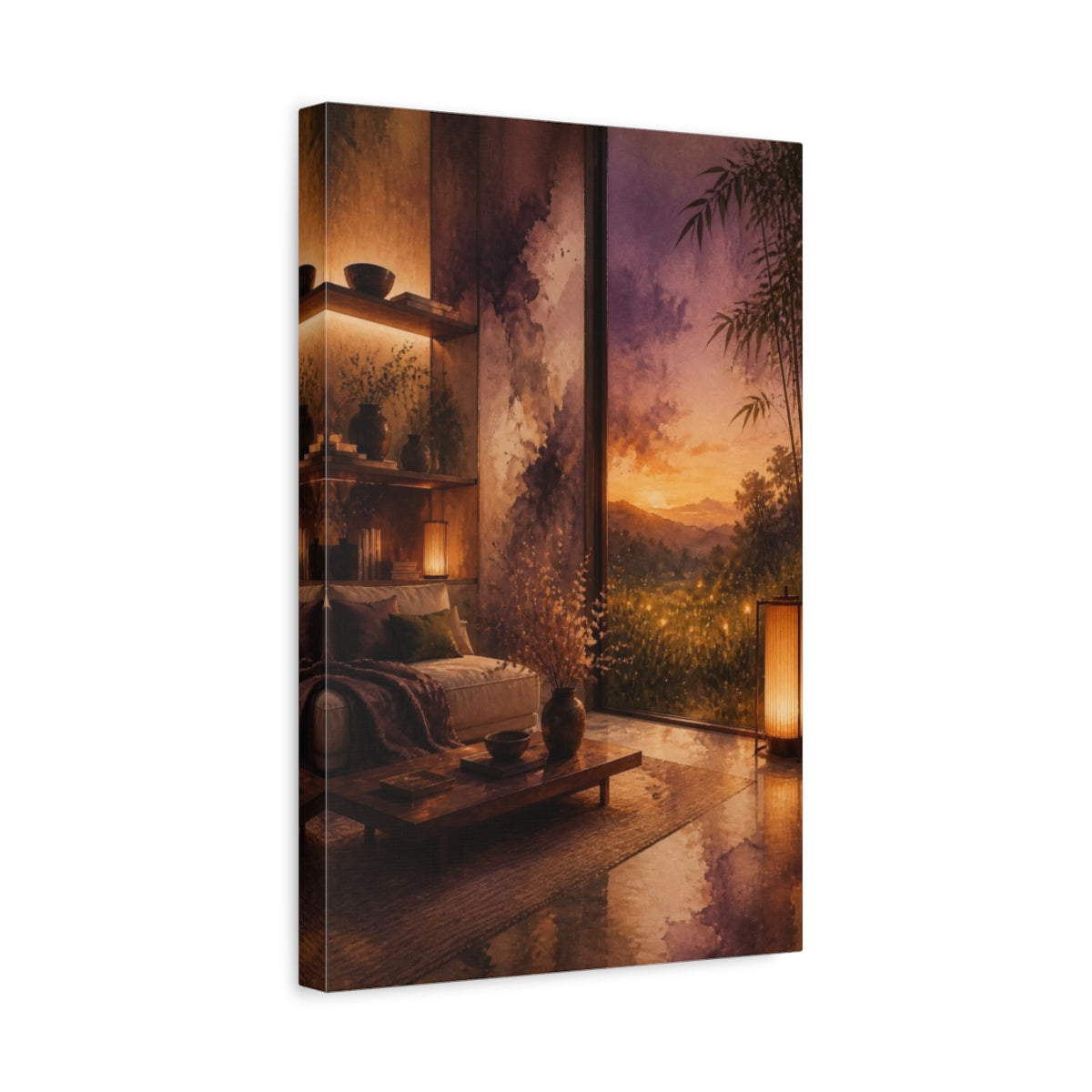 Side Mockup 4. Living Room Sunset Meadow shown as canvas print