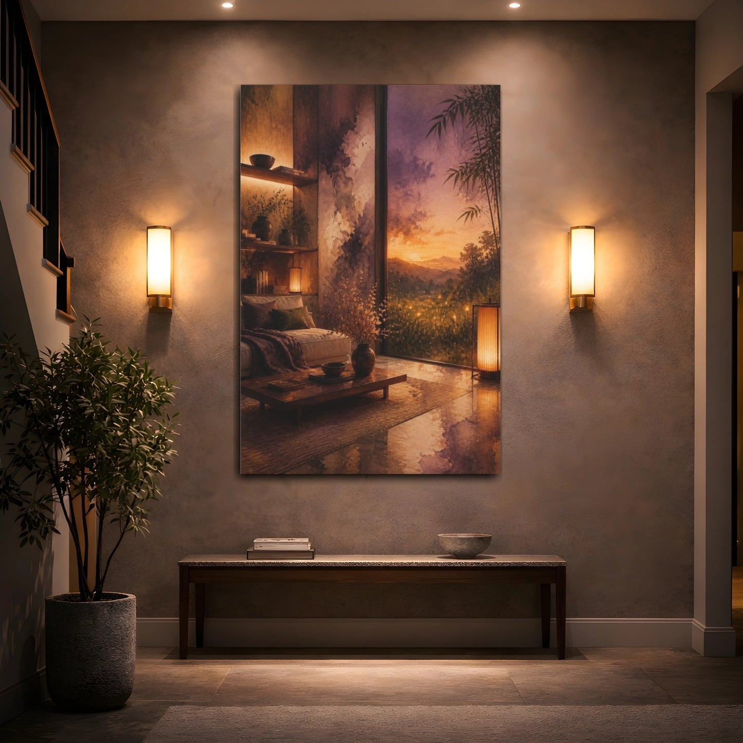 Mockup 2. Living Room Sunset Meadow shown as canvas print