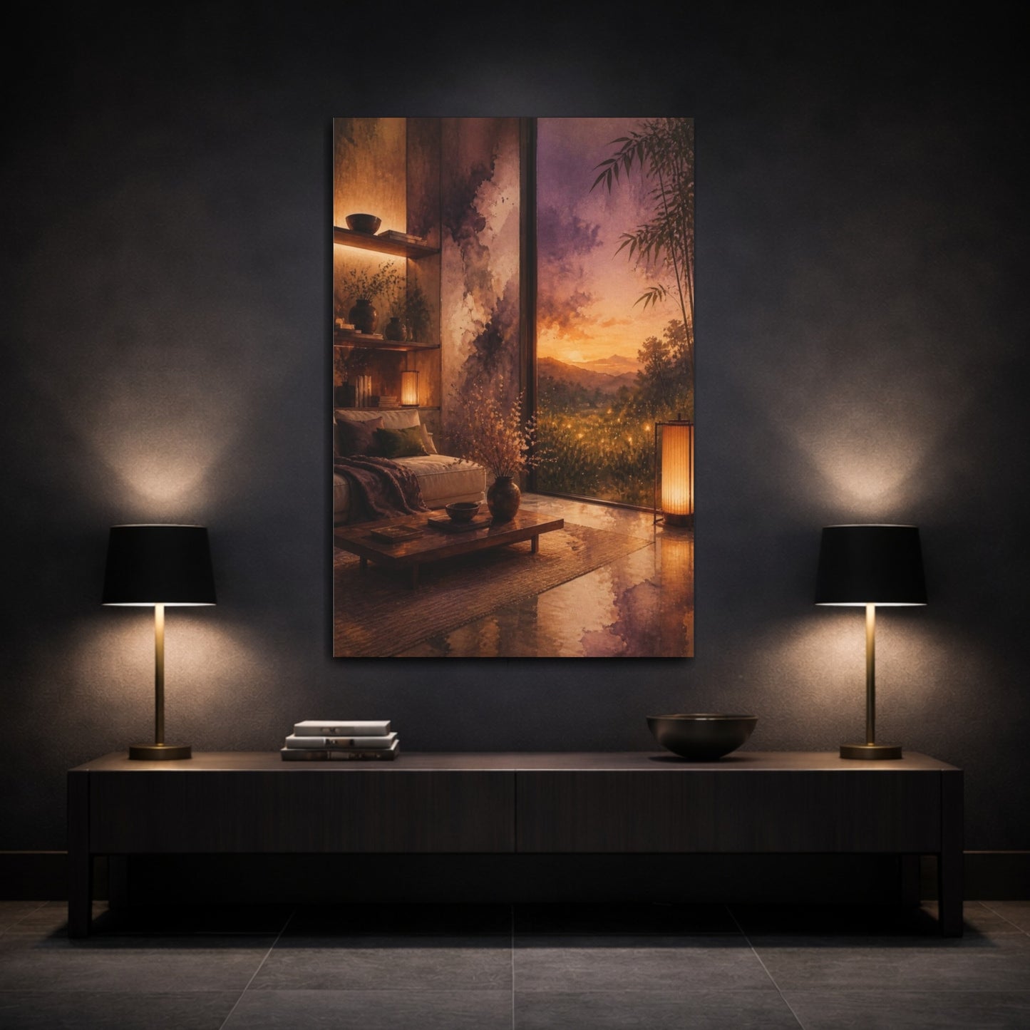 Mockup 3. Living Room Sunset Meadow shown as canvas print