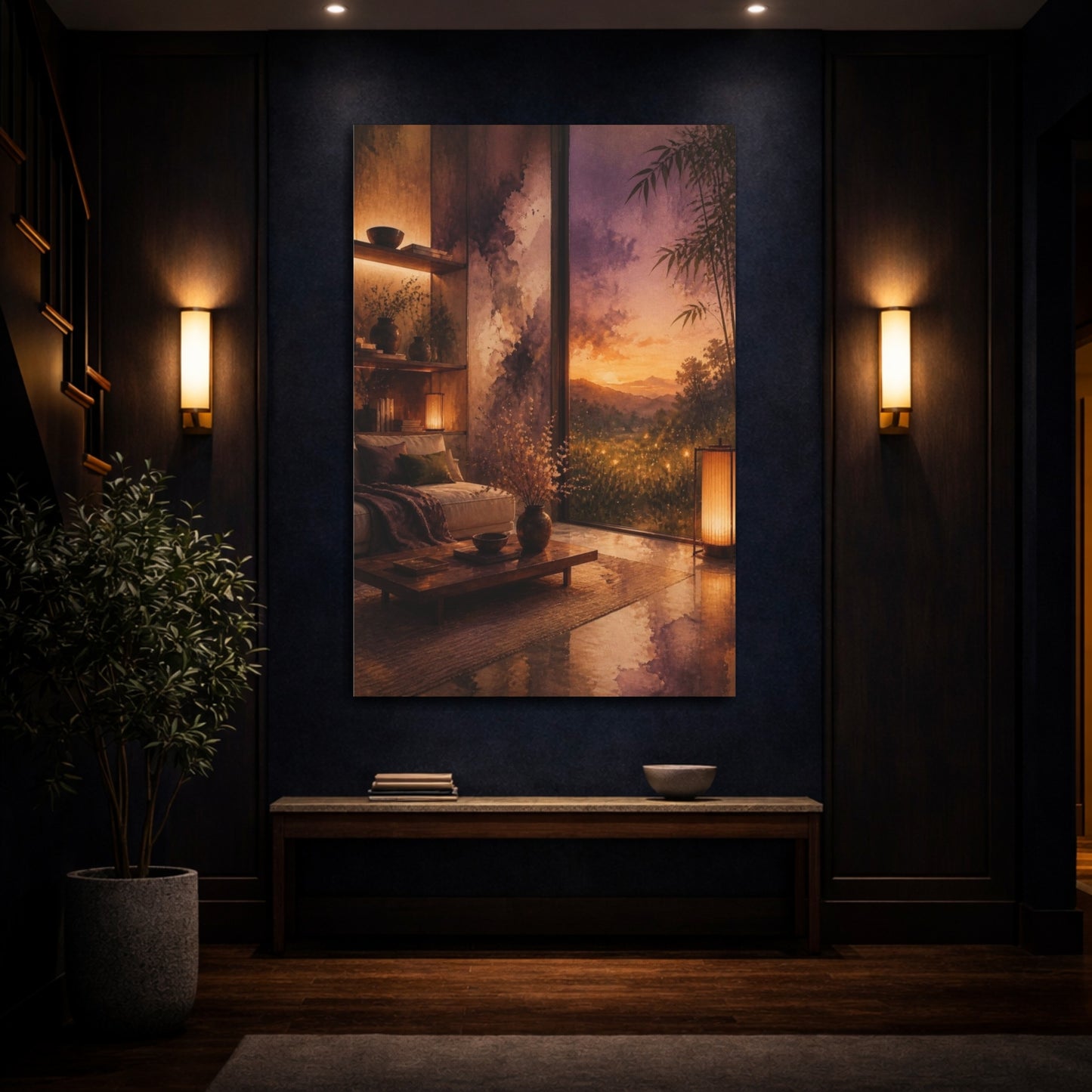 Mockup 4. Living Room Sunset Meadow shown as canvas print
