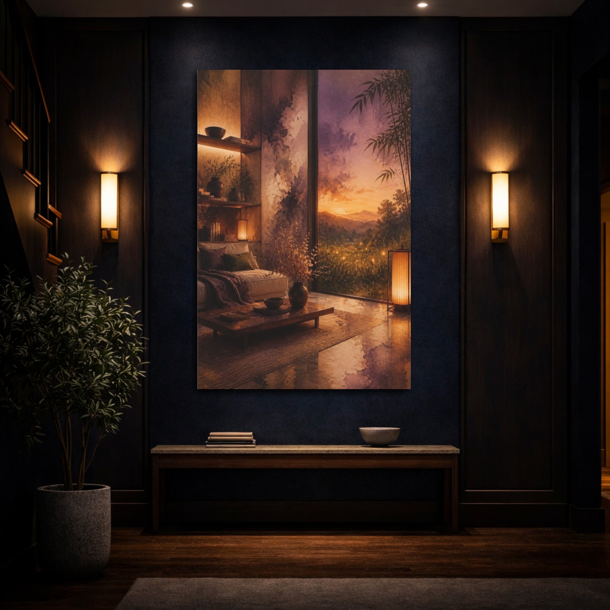 Mockup 4. Living Room Sunset Meadow shown as canvas print