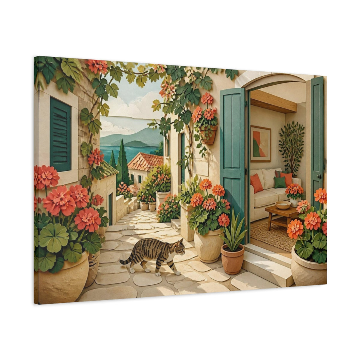 Main Mockup. Living Room Tabby Stroll shown as canvas print