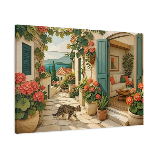 Main Mockup. Living Room Tabby Stroll shown as canvas print