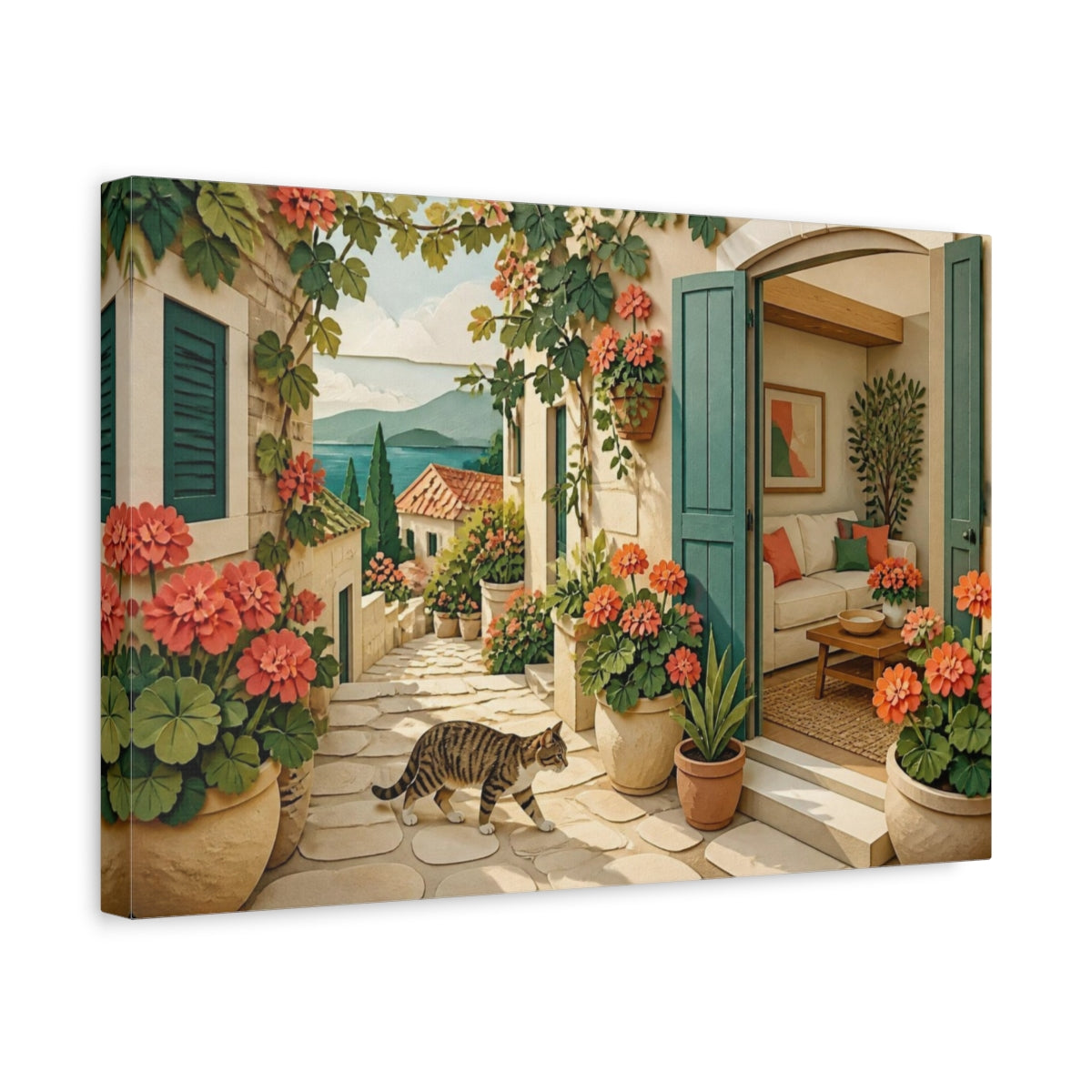 Side Mockup 4. Living Room Tabby Stroll shown as canvas print