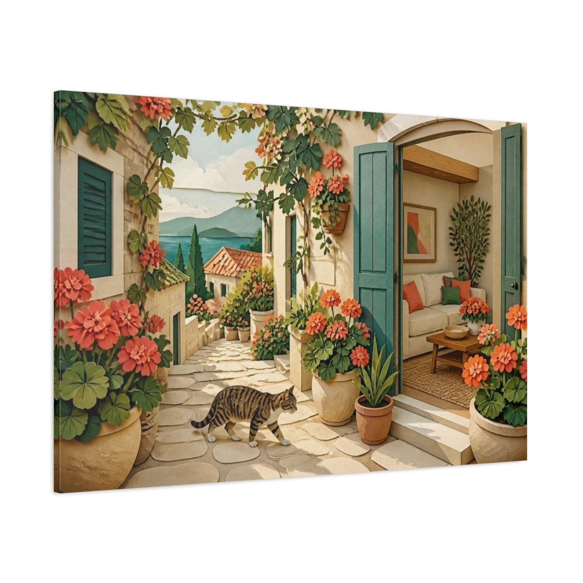 Side Mockup 1. Living Room Tabby Stroll shown as canvas print