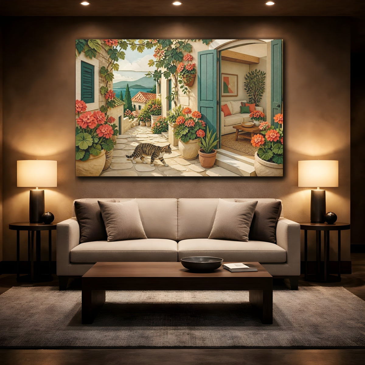 Mockup 2. Living Room Tabby Stroll shown as canvas print