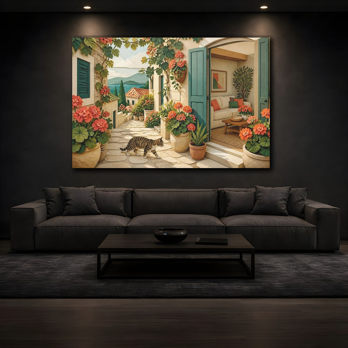 Mockup 3. Living Room Tabby Stroll shown as canvas print