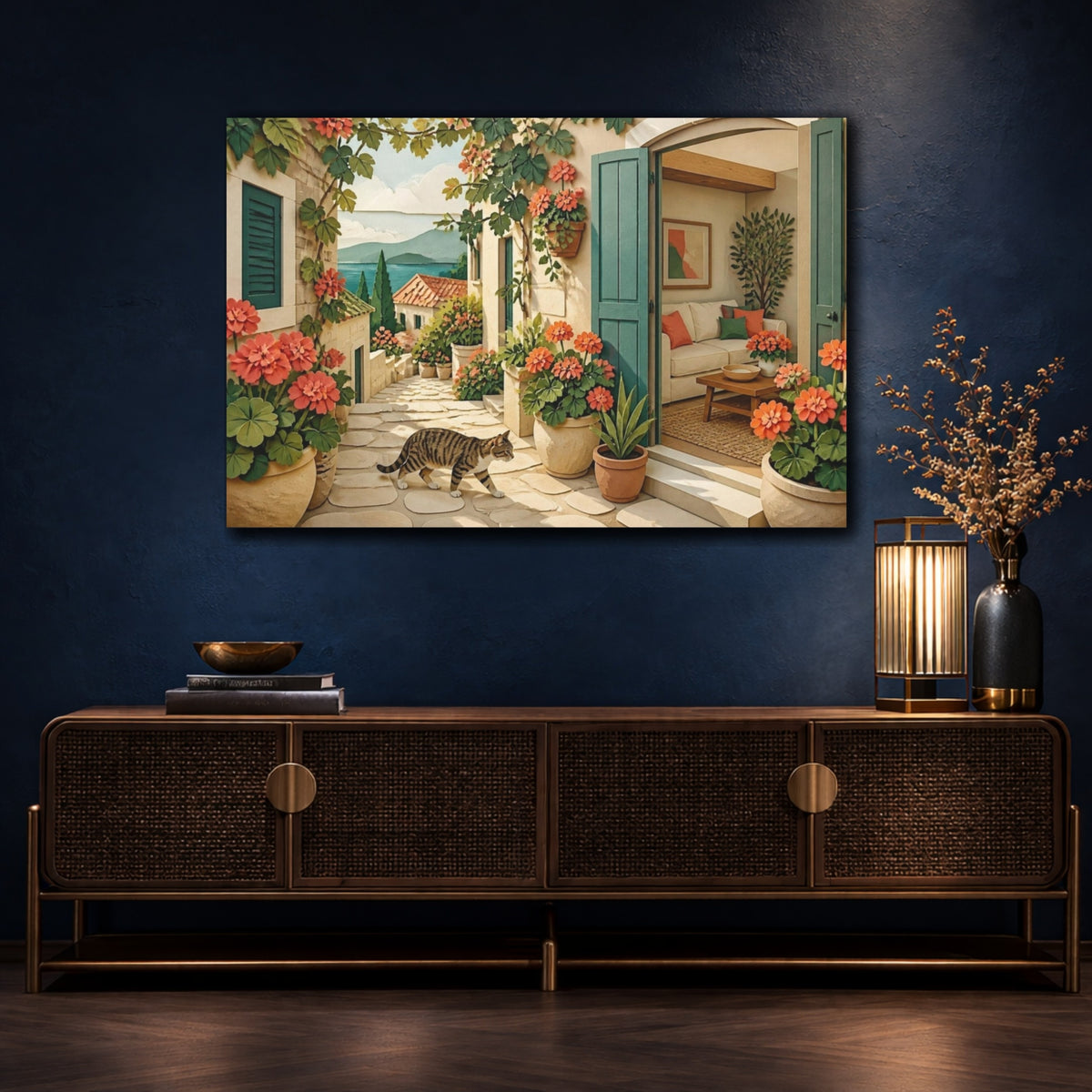 Mockup 4. Living Room Tabby Stroll shown as canvas print