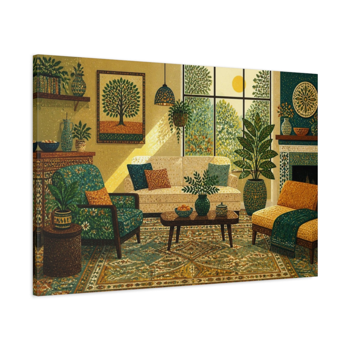 Main Mockup. Living Room Teal Sofa shown as canvas print