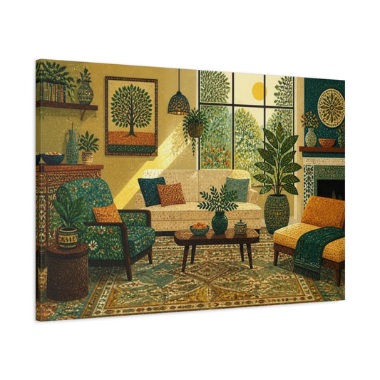 Main Mockup. Living Room Teal Sofa shown as canvas print