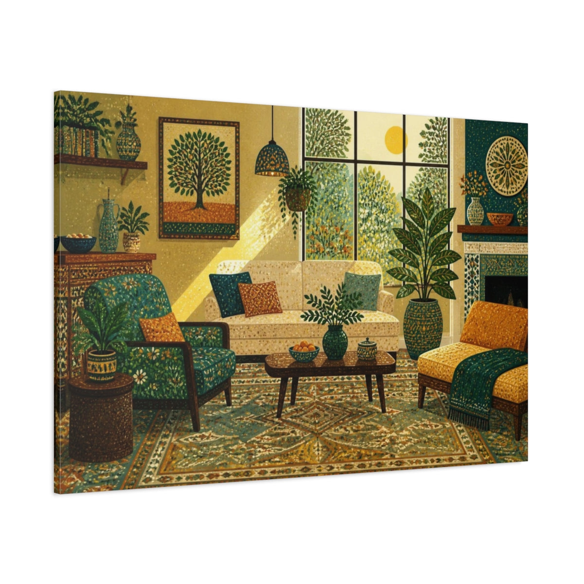 Side Mockup 1. Living Room Teal Sofa shown as canvas print