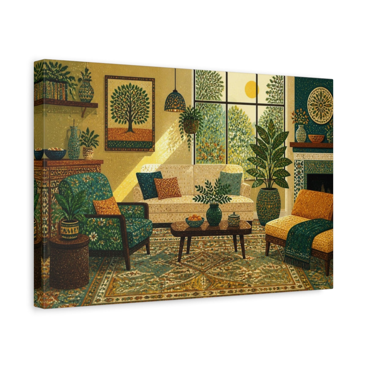 Side Mockup 4. Living Room Teal Sofa shown as canvas print