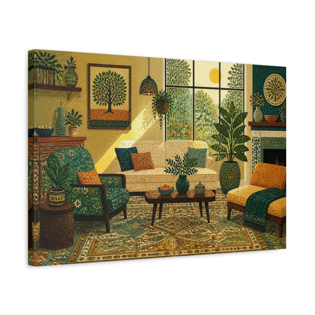 Side Mockup 3. Living Room Teal Sofa shown as canvas print