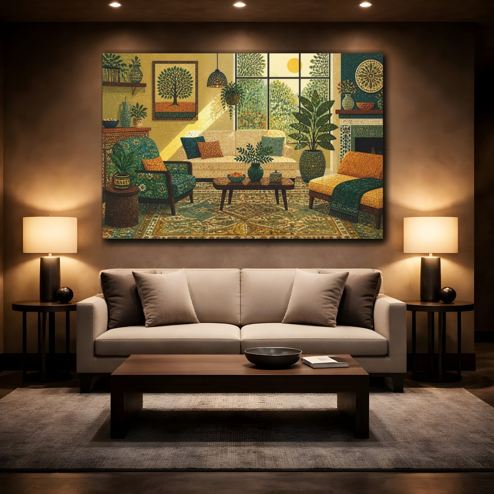 Mockup 2. Living Room Teal Sofa shown as canvas print