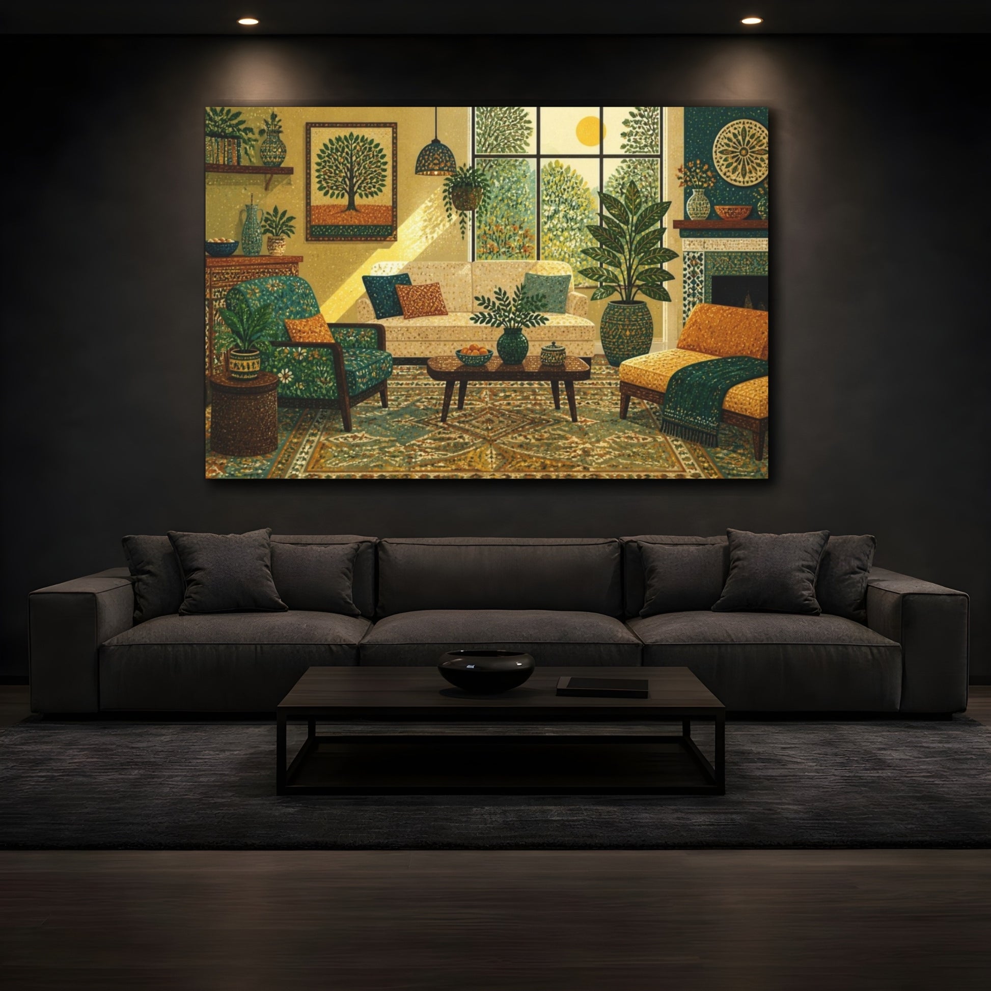 Mockup 3. Living Room Teal Sofa shown as canvas print