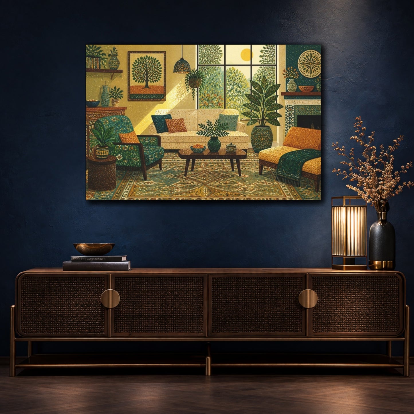 Mockup 4. Living Room Teal Sofa shown as canvas print