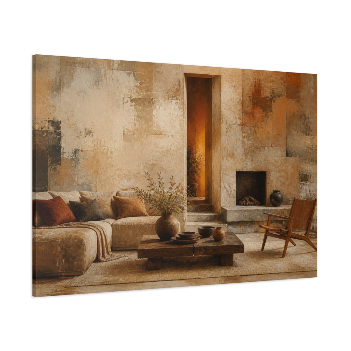 Side Mockup 1. Living Room Textured Wall shown as canvas print