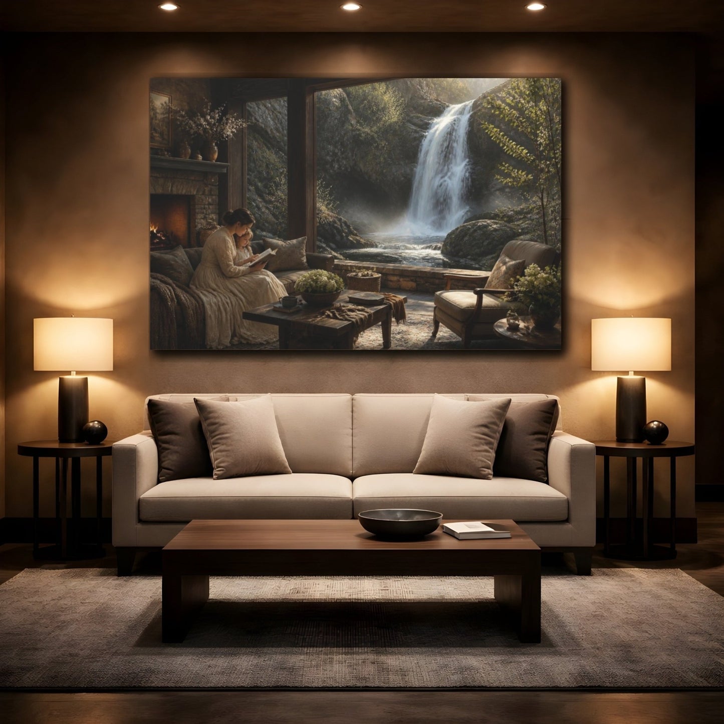 Living Room Waterfall View Canvas Print – Above Sofa - YesArtYes