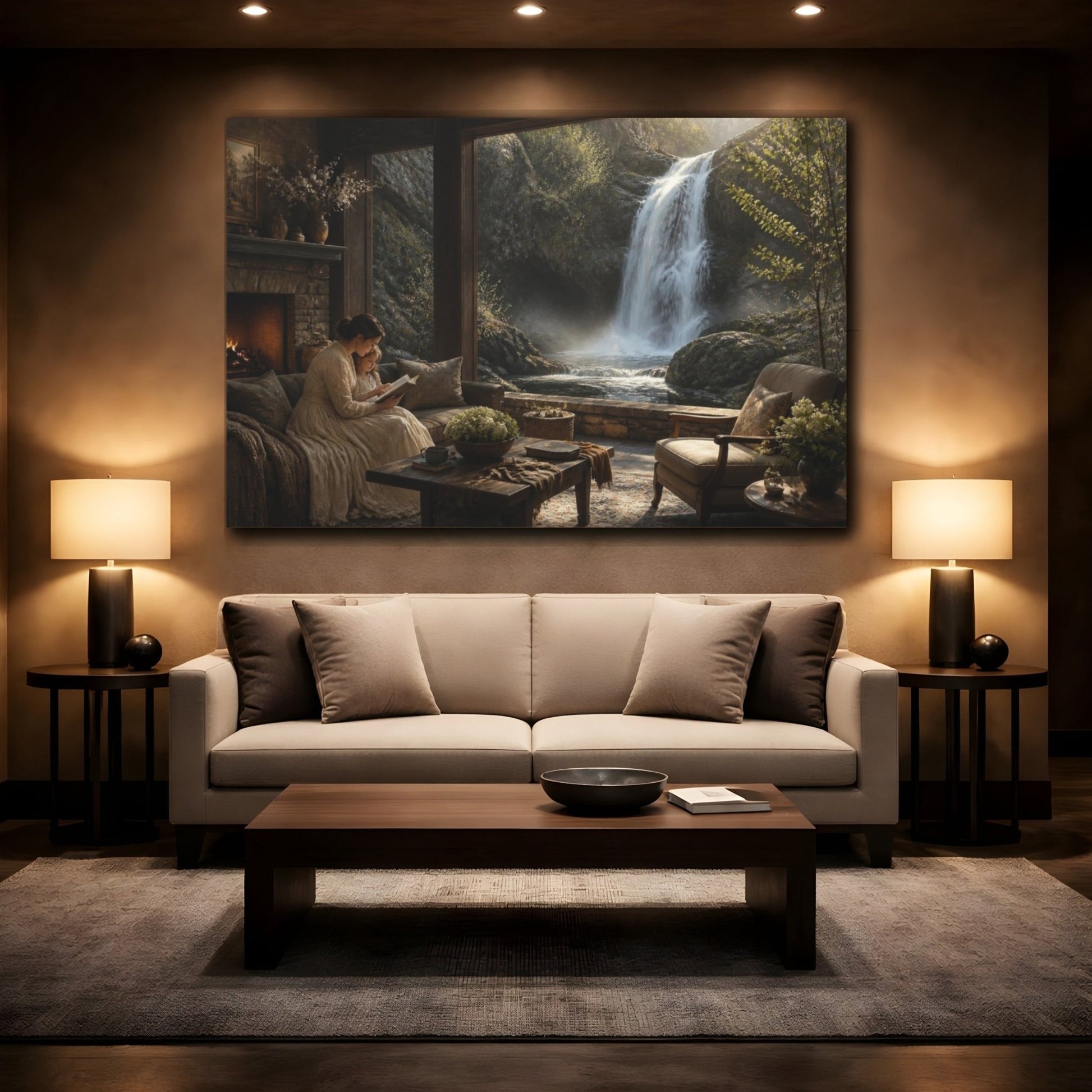 Living Room Waterfall View Canvas Print – Above Sofa - YesArtYes