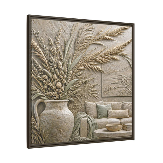 Main Mockup. Living Room Wheat Stalks shown as framed canvas print