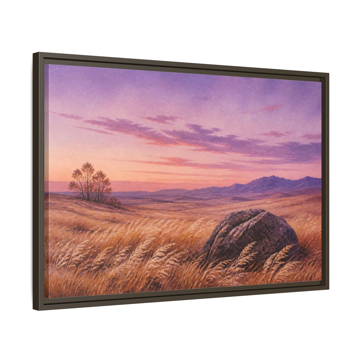 Side Mockup 11. Lone Boulder Landscape shown as framed canvas print