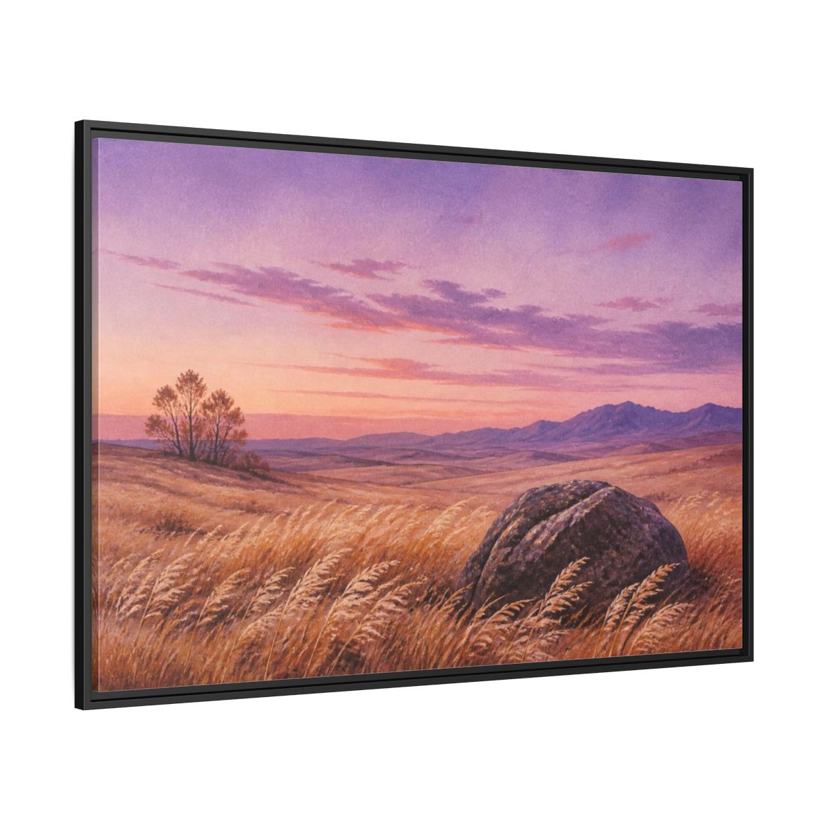 Side Mockup 12. Lone Boulder Landscape shown as framed canvas print