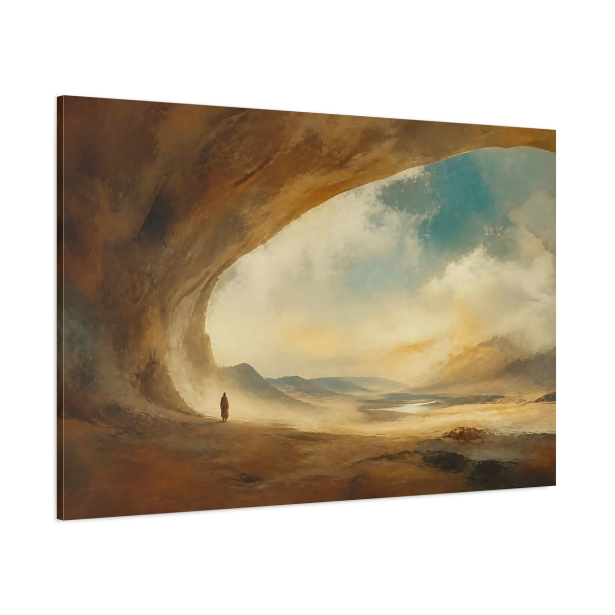 Side Mockup 1. Lone Figure At Desert Arch shown as canvas print