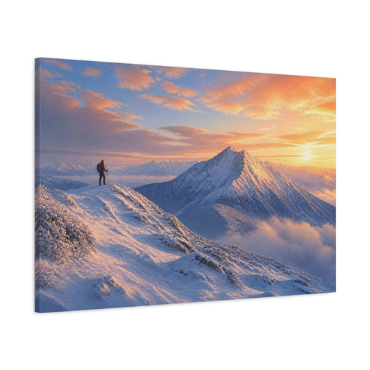 Main Mockup. Lone Hiker At Sunrise shown as canvas print