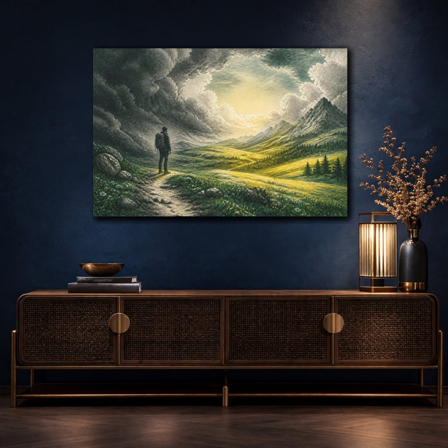 Lone Hiker Motivation Canvas Print – Living Room, Above Console Table - YesArtYes
