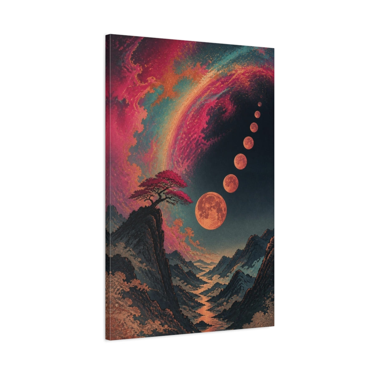 Main Mockup. Lone Tree Under Moons shown as canvas print