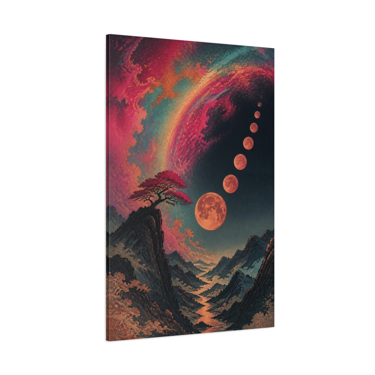 Side Mockup 1. Lone Tree Under Moons shown as canvas print