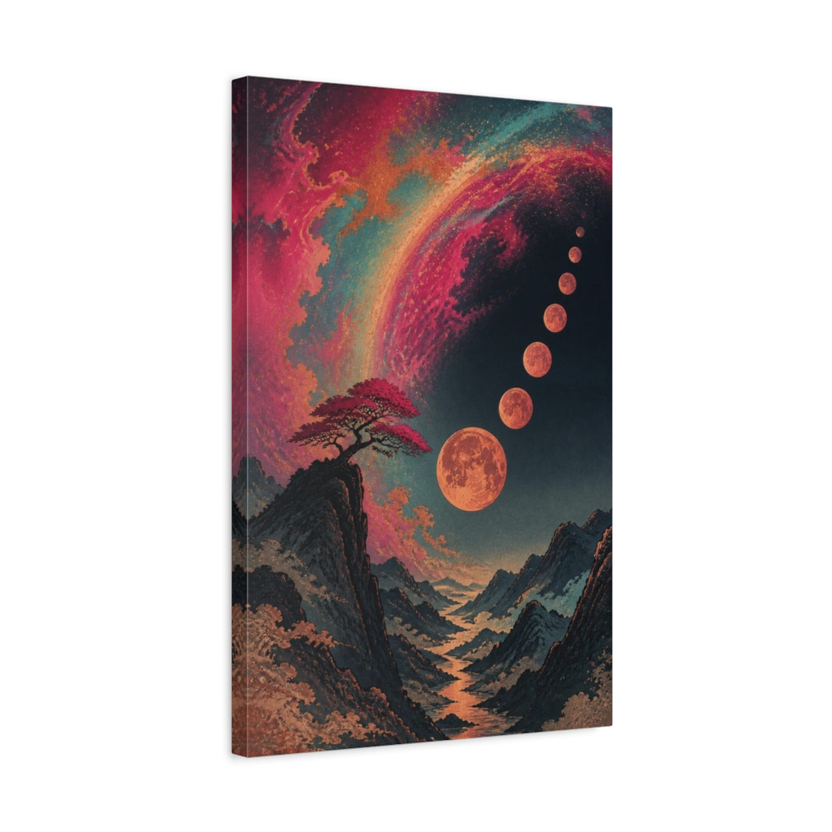 Side Mockup 3. Lone Tree Under Moons shown as canvas print