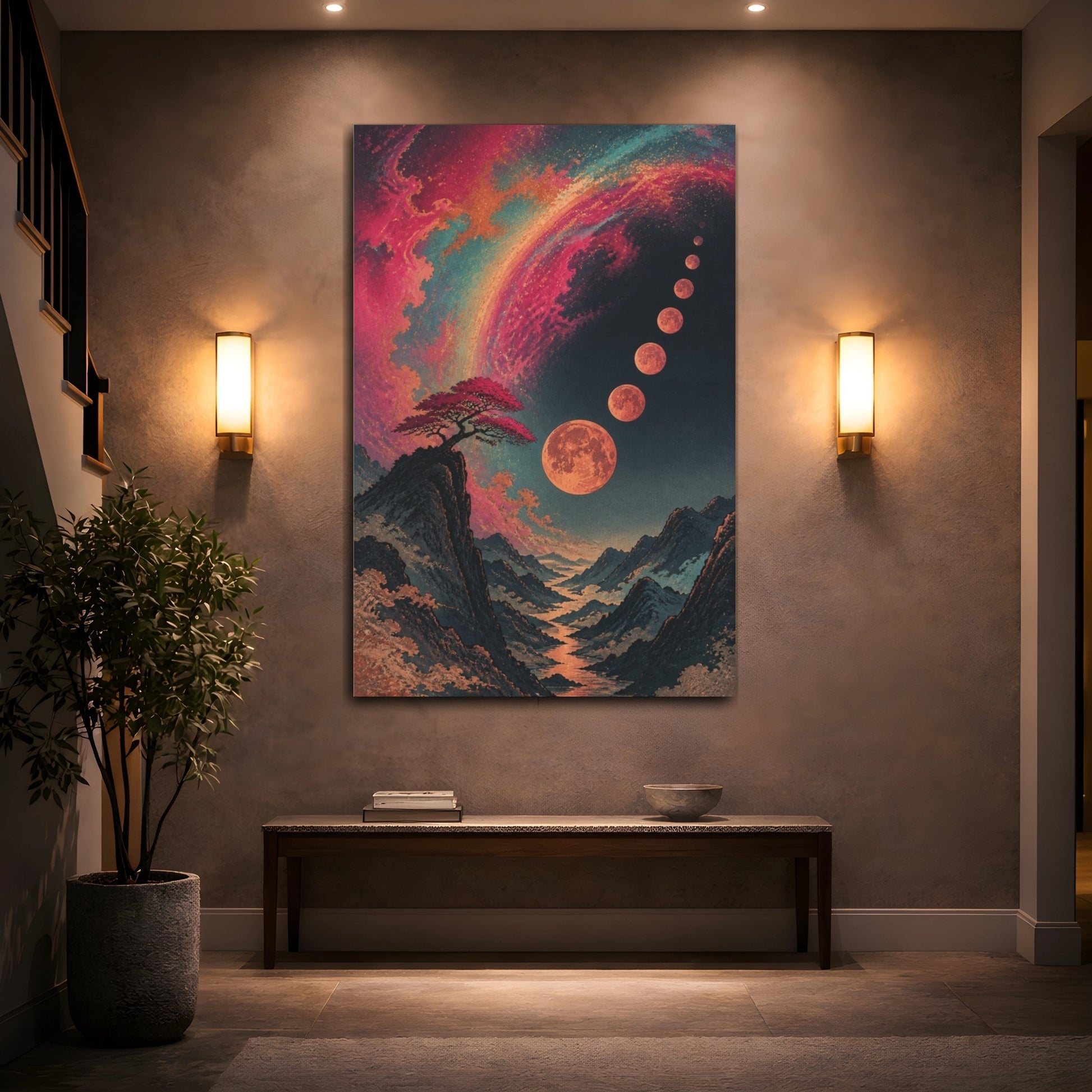 Mockup 2. Lone Tree Under Moons shown as canvas print