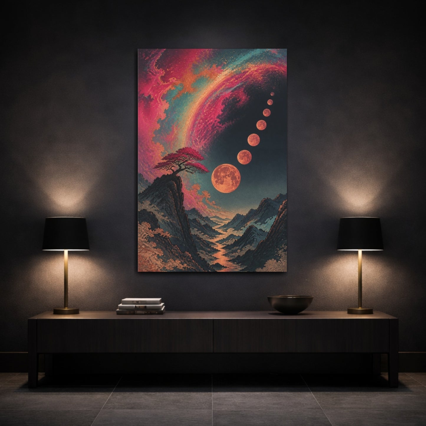 Mockup 3. Lone Tree Under Moons shown as canvas print
