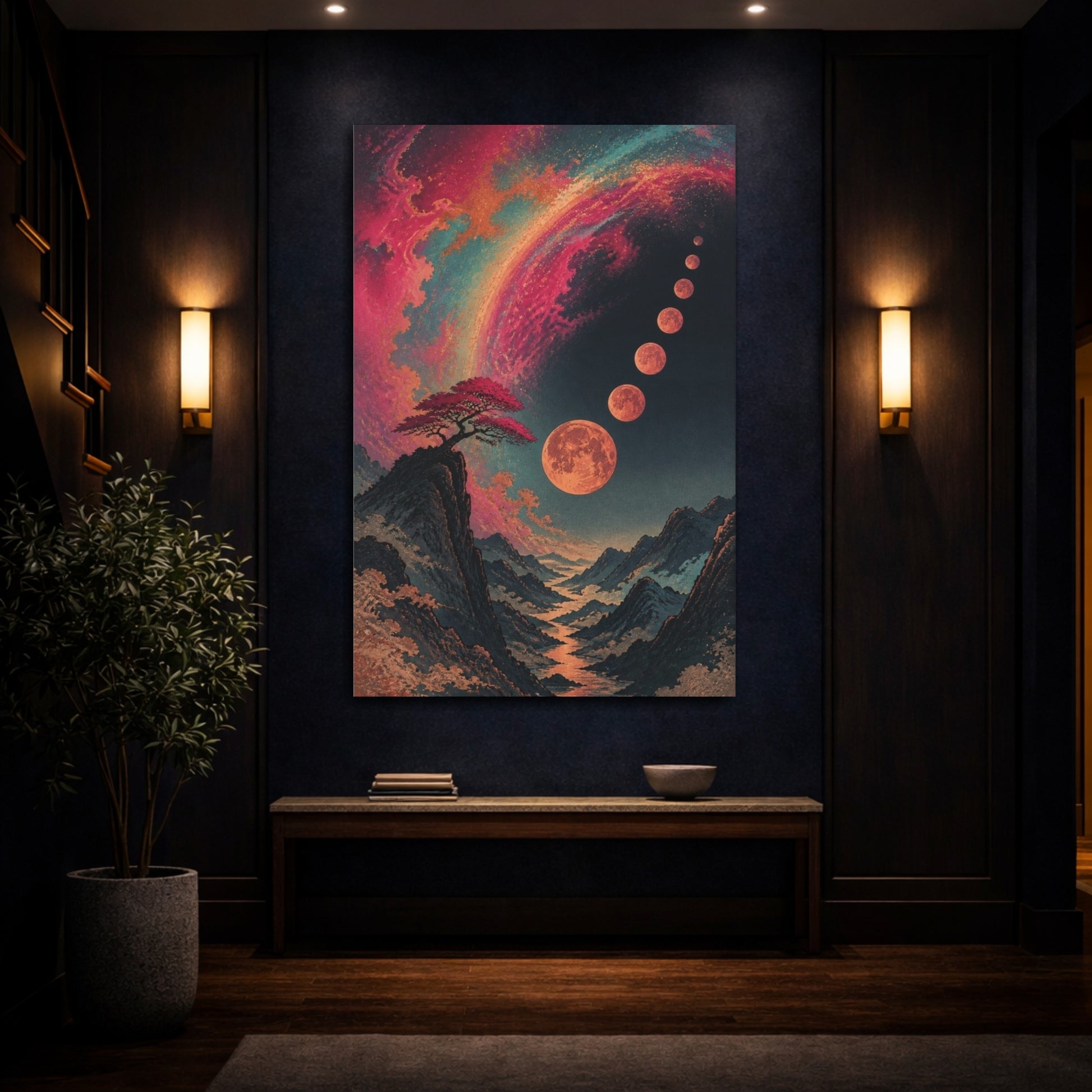 Mockup 4. Lone Tree Under Moons shown as canvas print