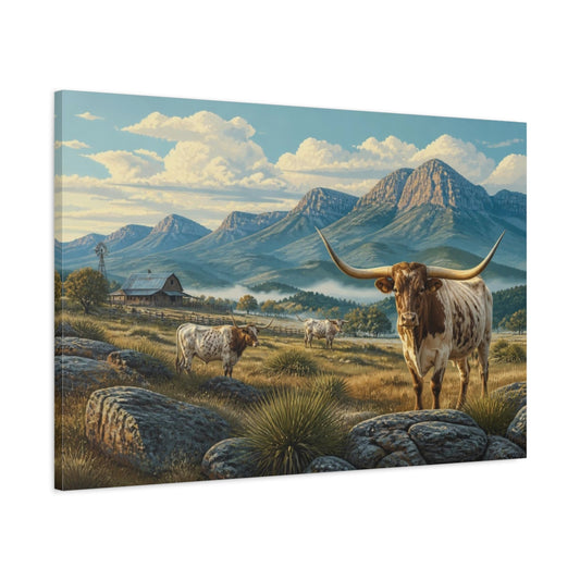 Main Mockup. Longhorn Morning Ranch shown as canvas print