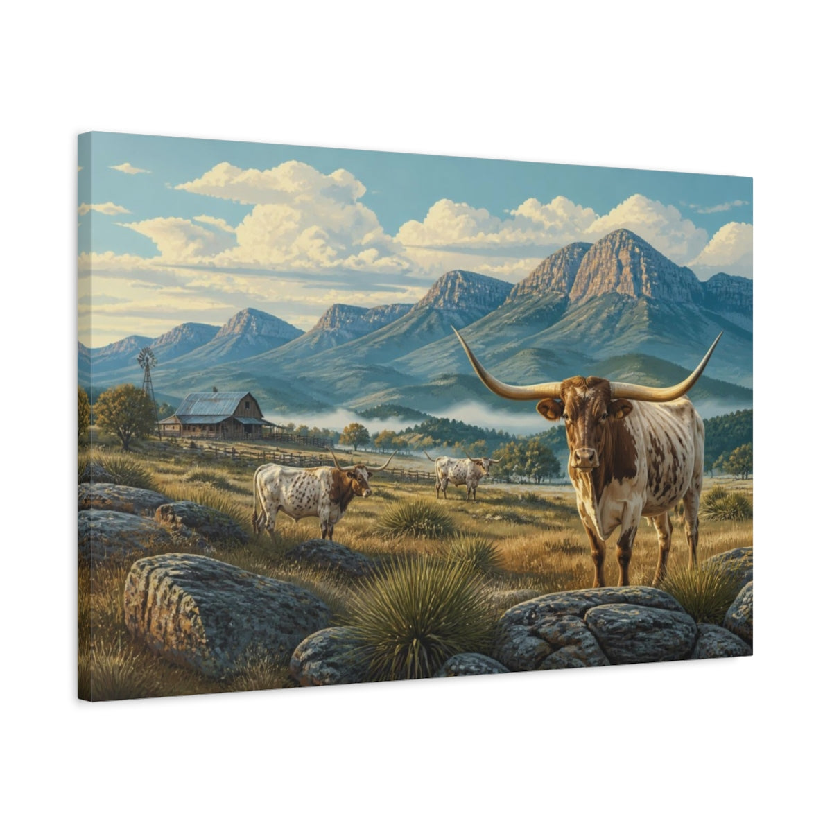 Side Mockup 2. Longhorn Morning Ranch shown as canvas print