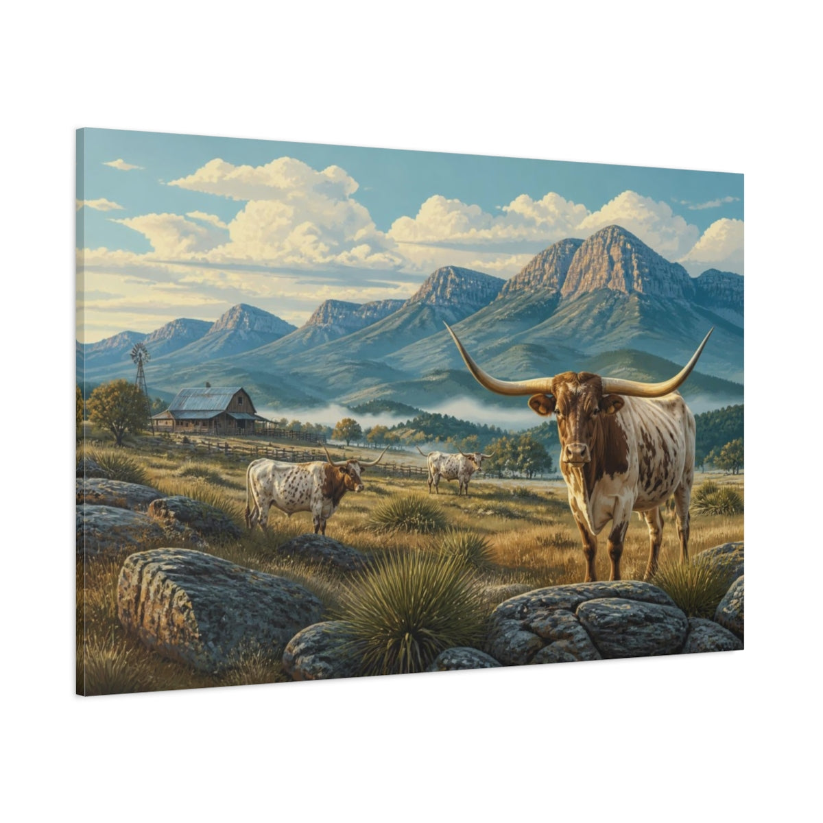 Side Mockup 1. Longhorn Morning Ranch shown as canvas print