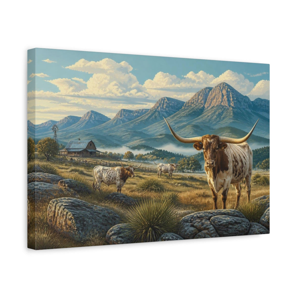 Side Mockup 4. Longhorn Morning Ranch shown as canvas print