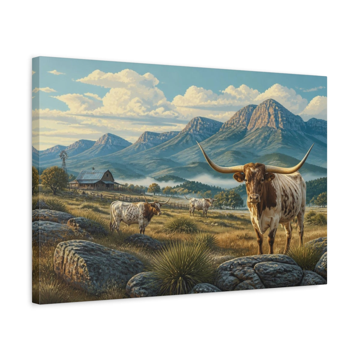 Side Mockup 3. Longhorn Morning Ranch shown as canvas print