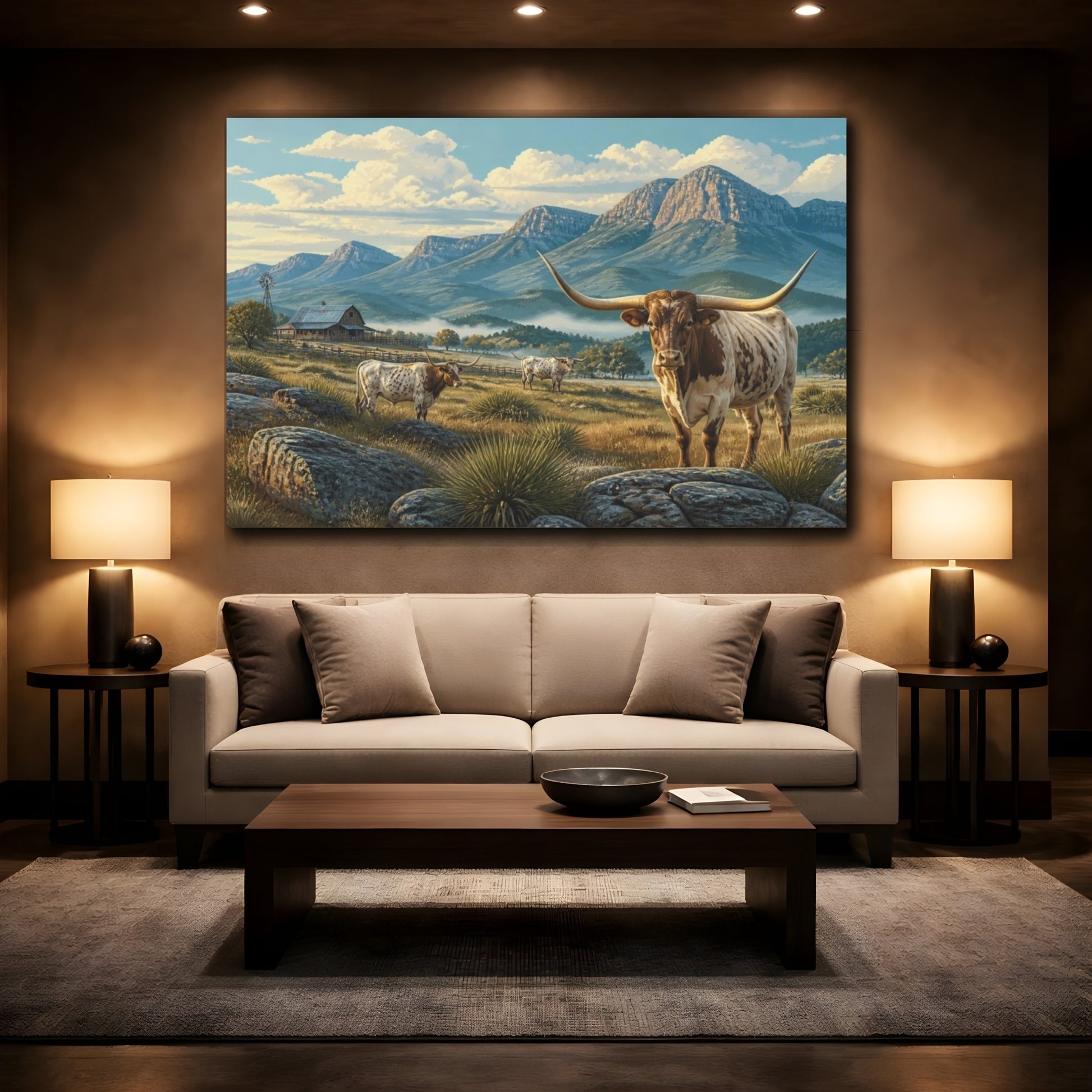 Mockup 2. Longhorn Morning Ranch shown as canvas print