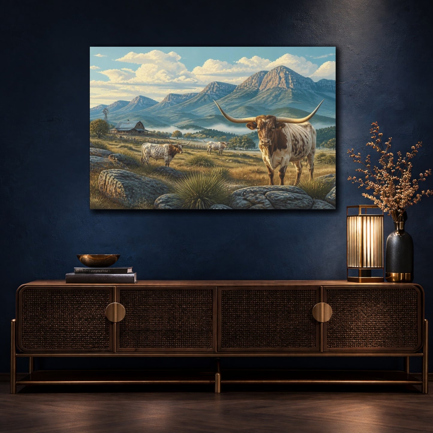 Mockup 4. Longhorn Morning Ranch shown as canvas print