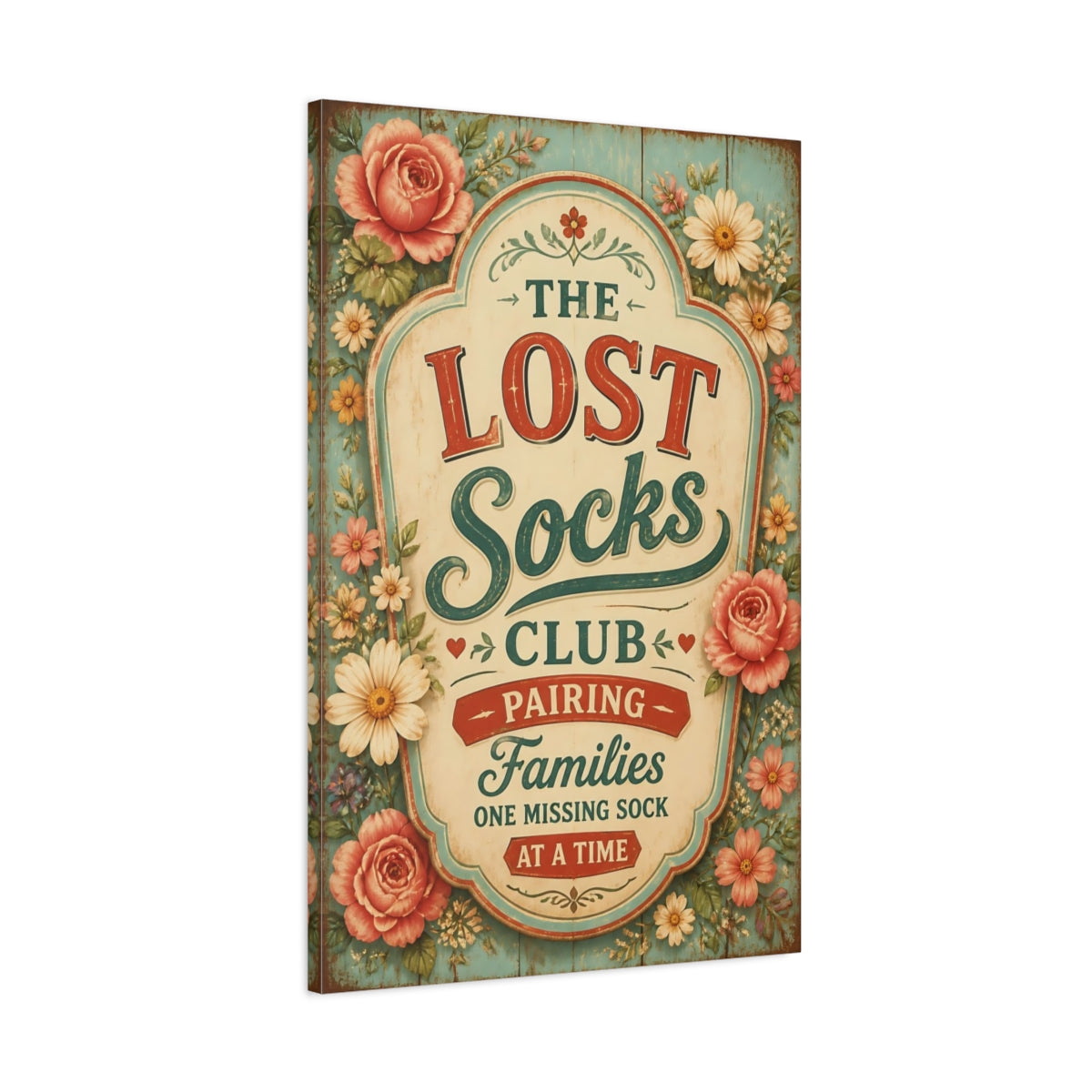 Main Mockup. Lost Socks Quote Sign shown as canvas print