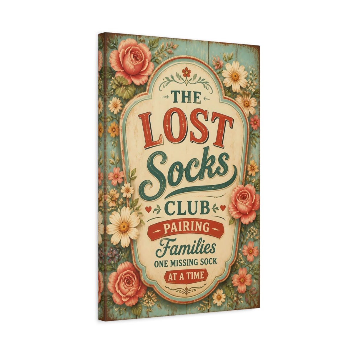 Side Mockup 3. Lost Socks Quote Sign shown as canvas print