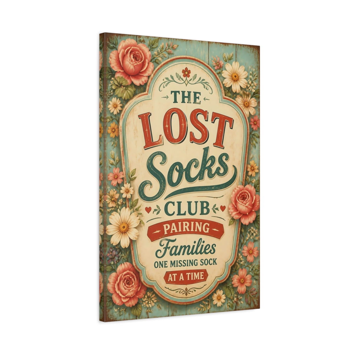 Side Mockup 2. Lost Socks Quote Sign shown as canvas print