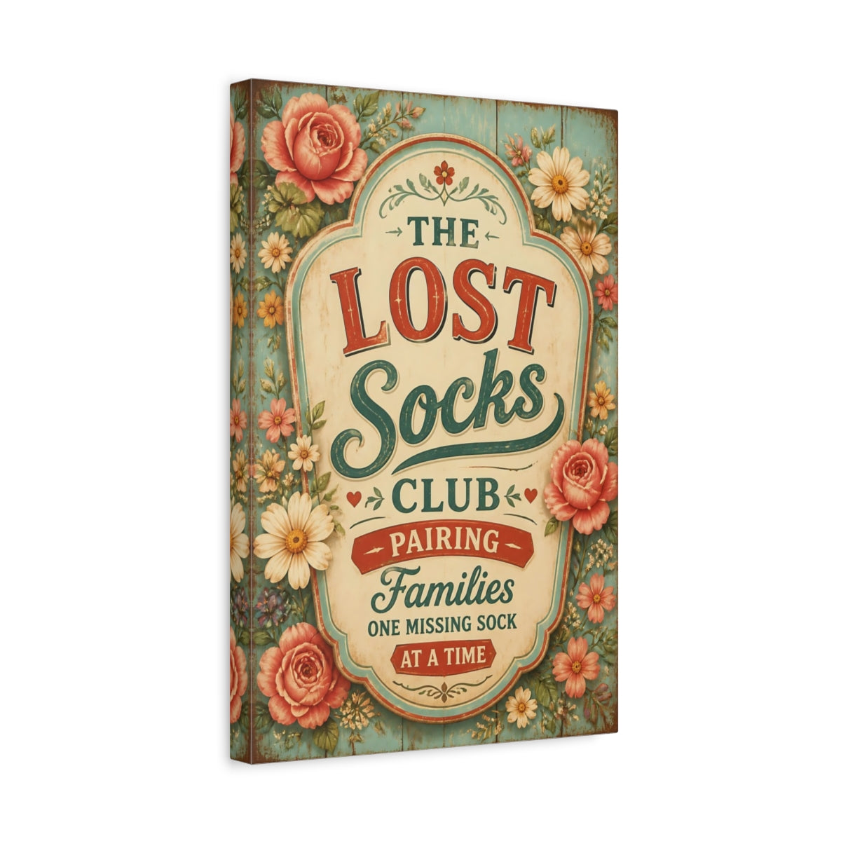 Side Mockup 4. Lost Socks Quote Sign shown as canvas print