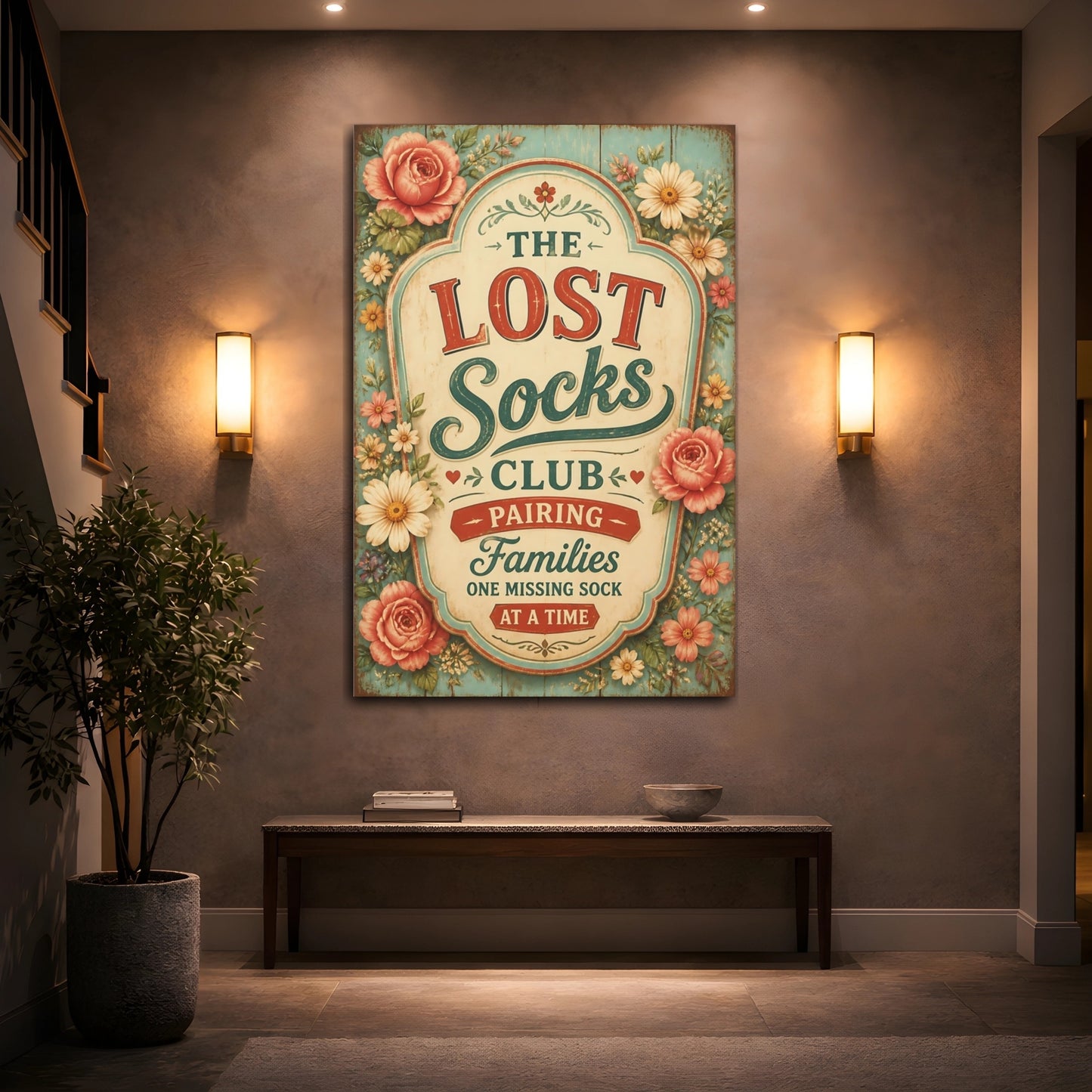 Mockup 2. Lost Socks Quote Sign shown as canvas print